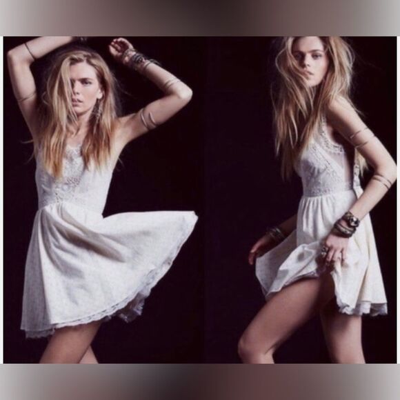 Rare Free People Victoria Bohemian Lace Cream Sheer Back Mini Dress Size 10 - Picture 12 of 12